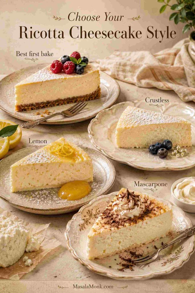 Four ricotta cheesecake styles showing classic, crustless, lemon, and mascarpone versions