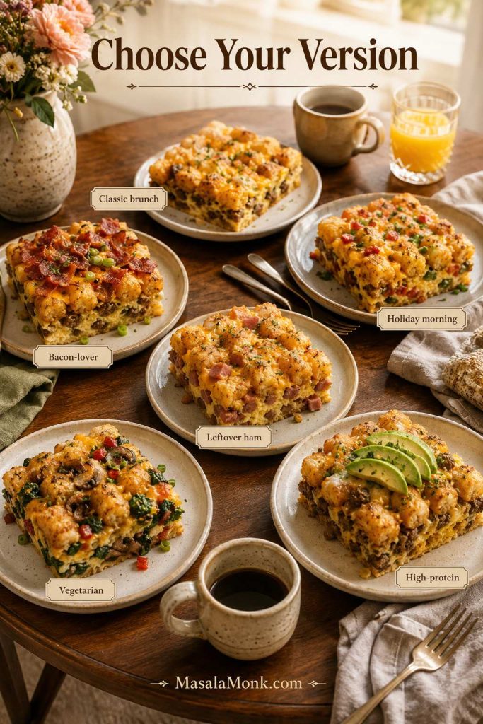 Six plated tater tot breakfast casserole variations, including classic, bacon, ham, vegetarian, and high-protein styles.
