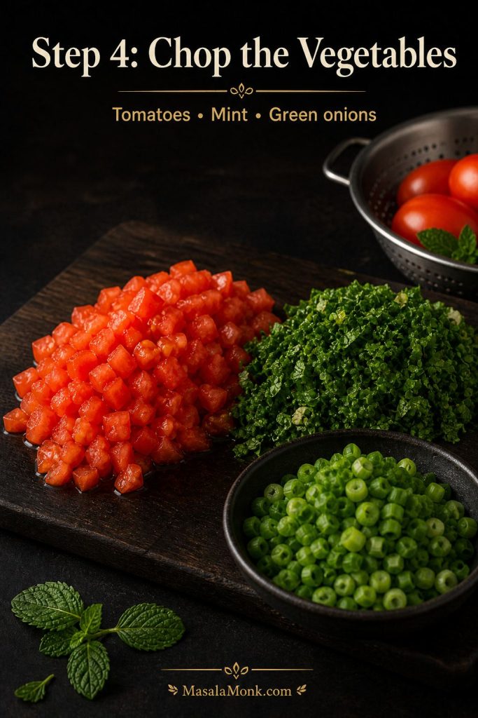 Finely chopped tomatoes, mint, and green onions arranged on a dark cutting board for tabbouleh.