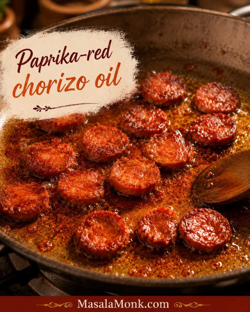 Spanish chorizo slices sizzling in a pan and turning the oil paprika red for chicken and chorizo paella.