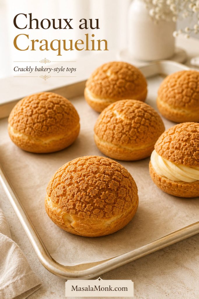 Choux au craquelin pastries with golden crackly tops on a parchment-lined tray.