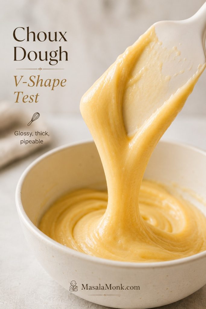 Glossy choux dough falling from a spatula in a thick V-shaped ribbon.
