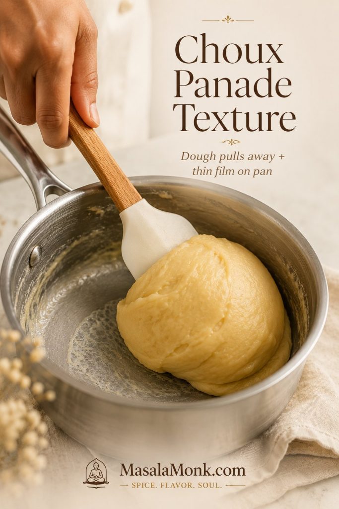 Choux panade in a saucepan pulling away from the sides and leaving a thin film on the pan.
