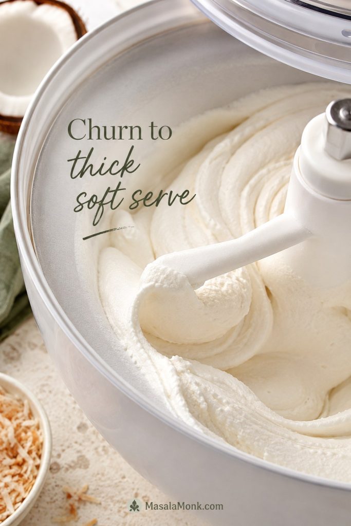 Coconut ice cream churning in an ice cream maker until thick and soft like soft serve.