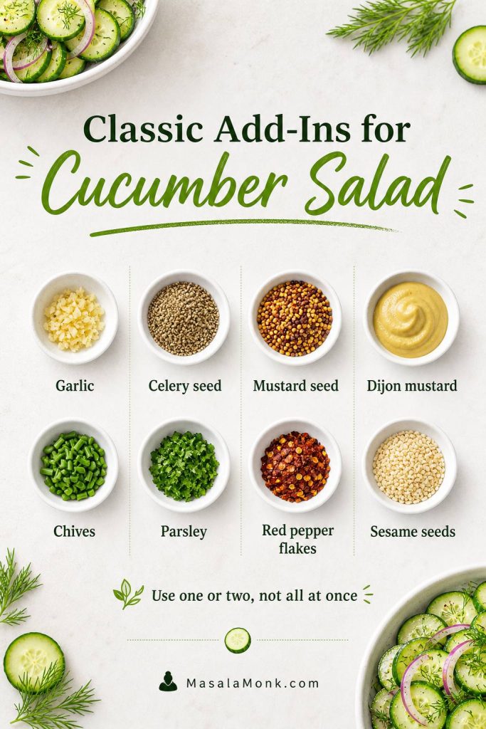 Add-ins for cucumber salad arranged in small bowls, including garlic, celery seed, mustard seed, Dijon mustard, chives, parsley, red pepper flakes, and sesame seeds.