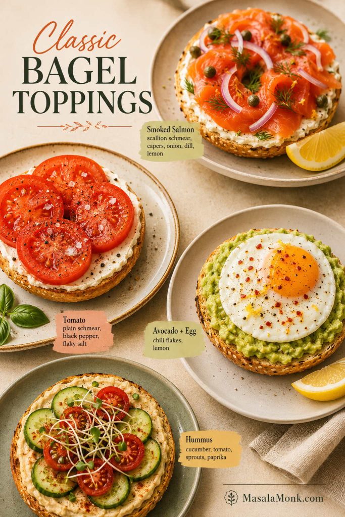Four classic bagel toppings including smoked salmon with schmear, tomato with cream cheese, avocado egg, and hummus cucumber.