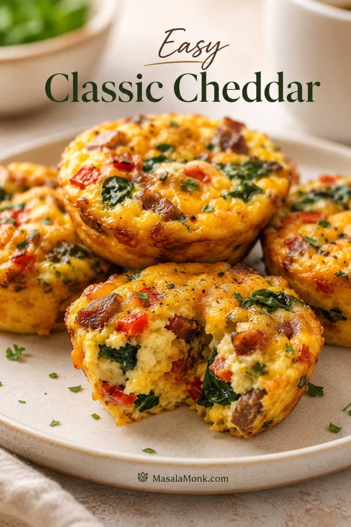 Classic cheddar breakfast egg muffins with visible spinach, bell pepper, cheese, and cooked meat, including one muffin cut open.
