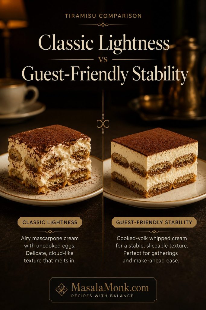 Classic versus easy tiramisu comparison showing two plated slices with different cream textures.