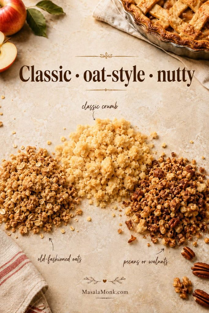 Classic crumb topping, oat-style crumb topping, and nutty crumb topping variations for Dutch apple pie.