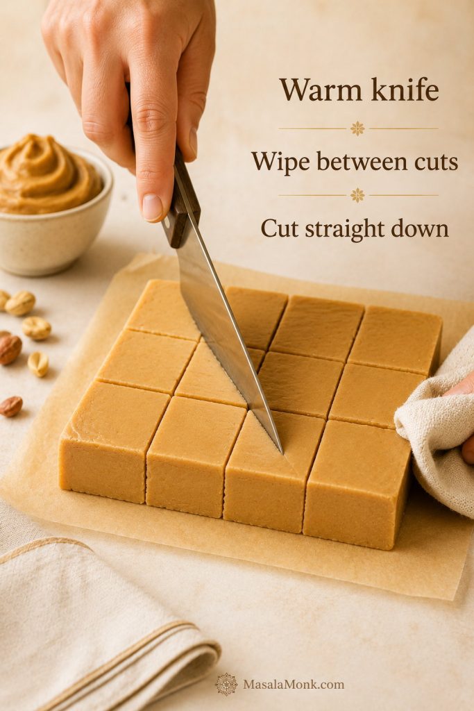 Hand using a knife to cut chilled peanut butter fudge into neat squares with clean edges.