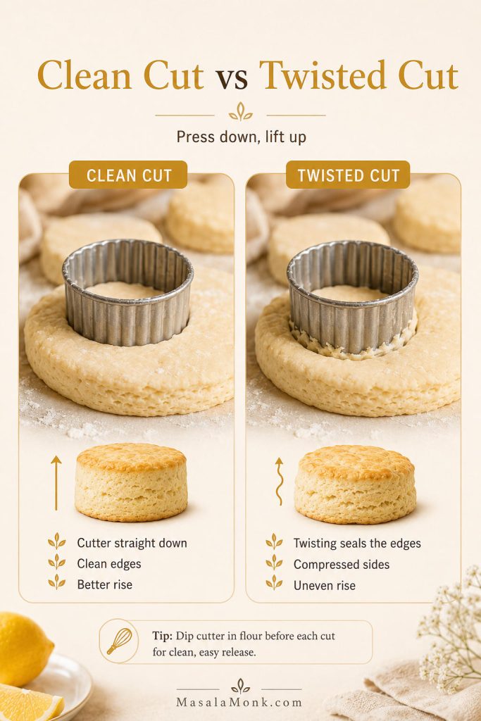 Side-by-side comparison of a clean scone cutter cut versus a twisted cut in thick dough.