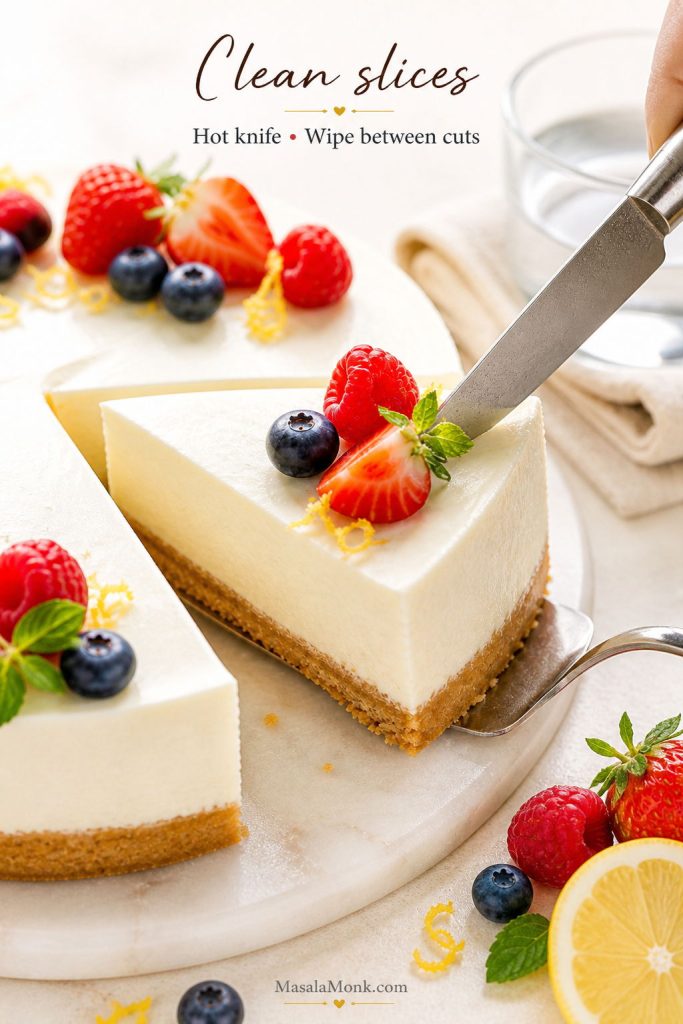 Clean slice of no-bake cheesecake being cut with a knife, showing smooth filling, berries, and crumb crust