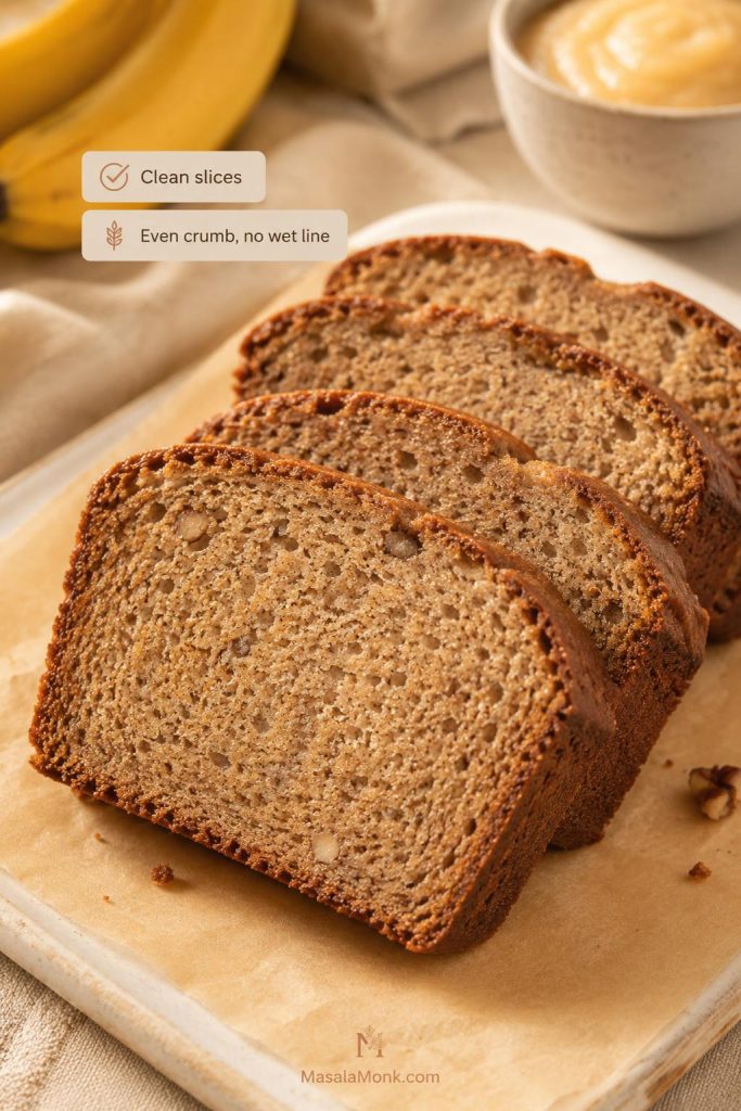 Clean slices of banana bread with applesauce showing an even crumb and no wet line.