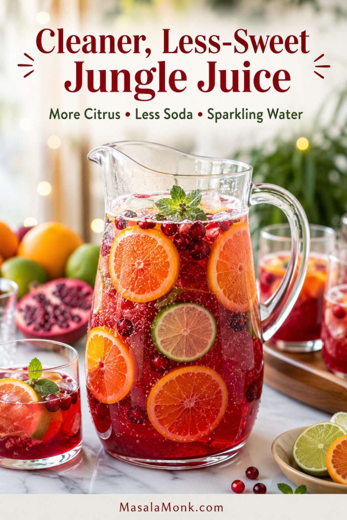 Cleaner less-sweet jungle juice variation in a glass pitcher with cranberry-red punch, citrus slices, lime, pomegranate or cranberry, mint, ice, and sparkling bubbles.