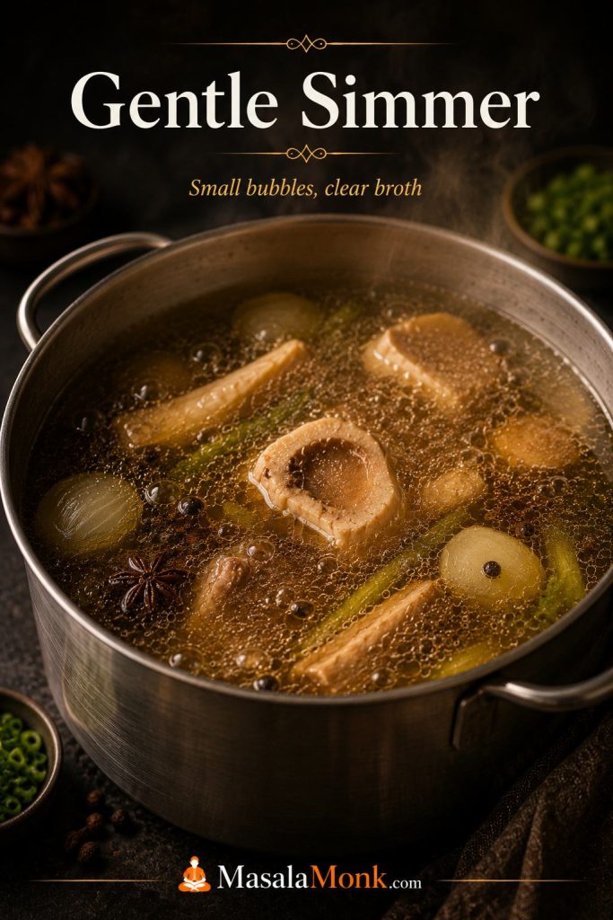 Pho broth gently simmering in a stockpot with small bubbles, bones, onion, ginger, and spices.