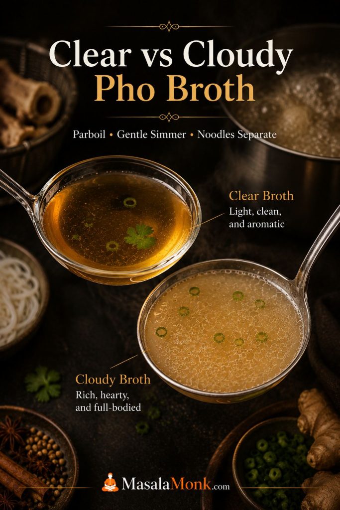 Comparison of clear and cloudy pho broth with bowls of broth, noodles, bones, herbs, and a strainer.