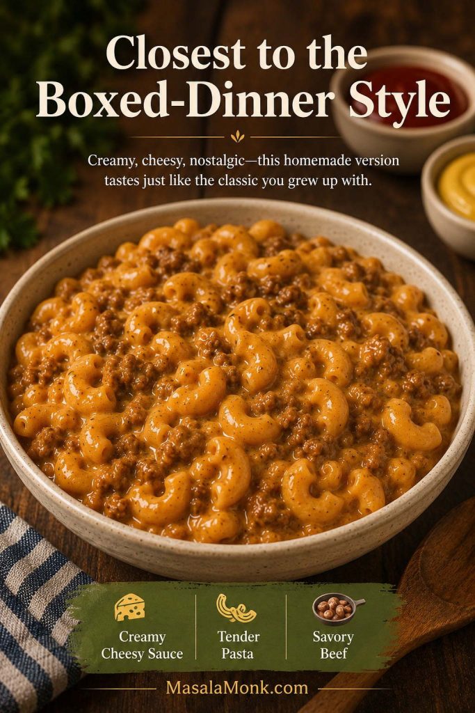 Closest-to-the-box homemade Hamburger Helper style with elbow macaroni, orange cheddar sauce, ground beef, ketchup, and mustard cues.