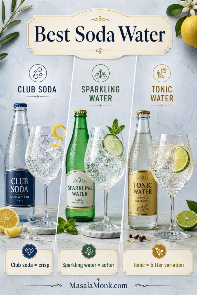 Comparison of club soda, sparkling water, and tonic water as mixers for a limoncello spritz.