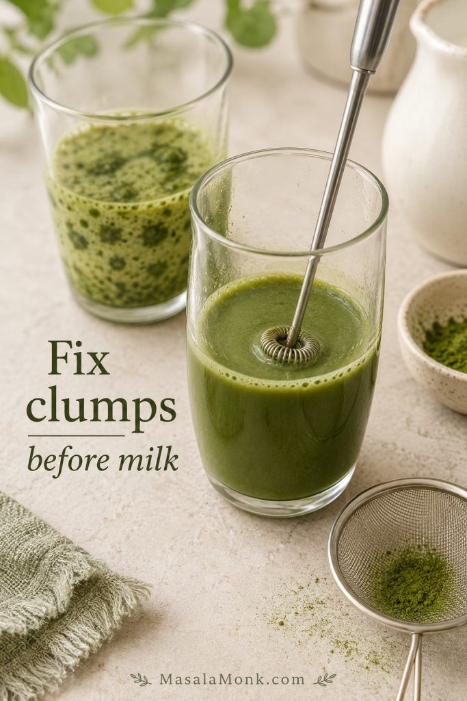 Smooth matcha shot being mixed with a frother beside a clumpy matcha drink and sieve