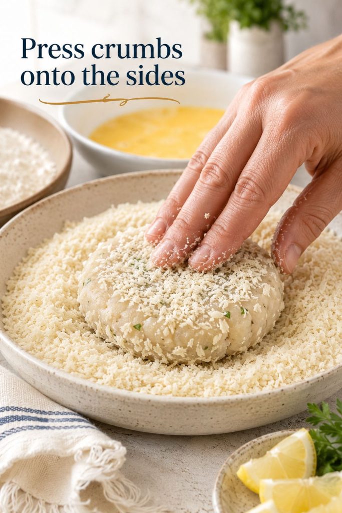 Uncooked fish cake patty being pressed into panko breadcrumbs so the crumbs coat the sides