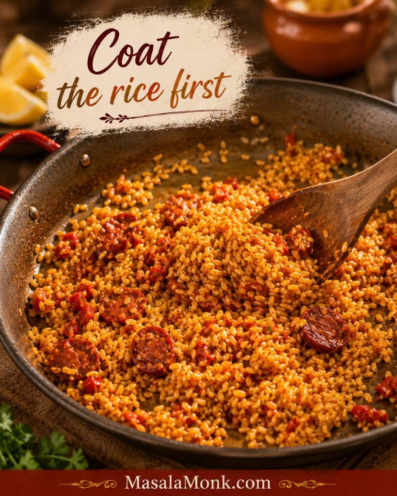 Dry paella rice being stirred through red sofrito and chorizo oil before hot stock is added.