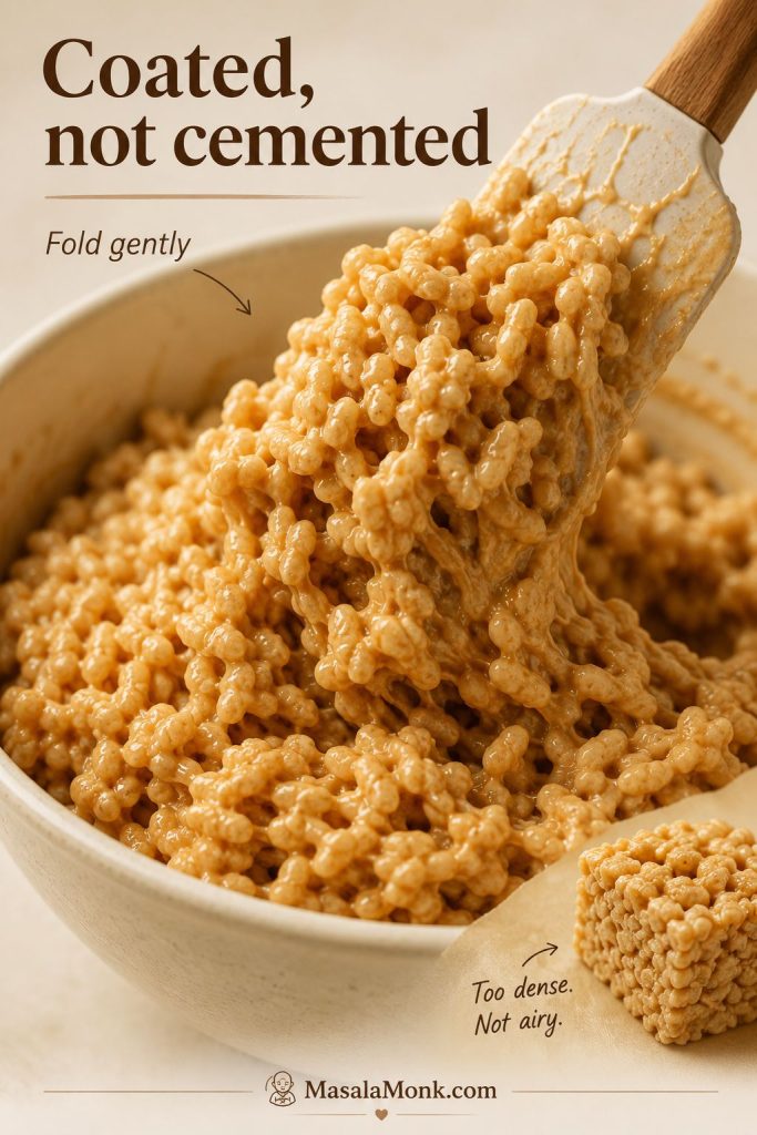Cereal mixture being folded into marshmallow peanut butter base until coated but still airy.