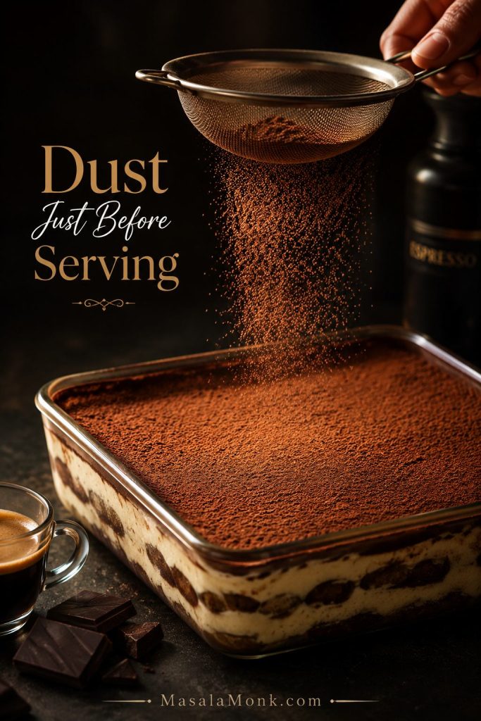 Cocoa powder being sifted over chilled tiramisu just before serving.