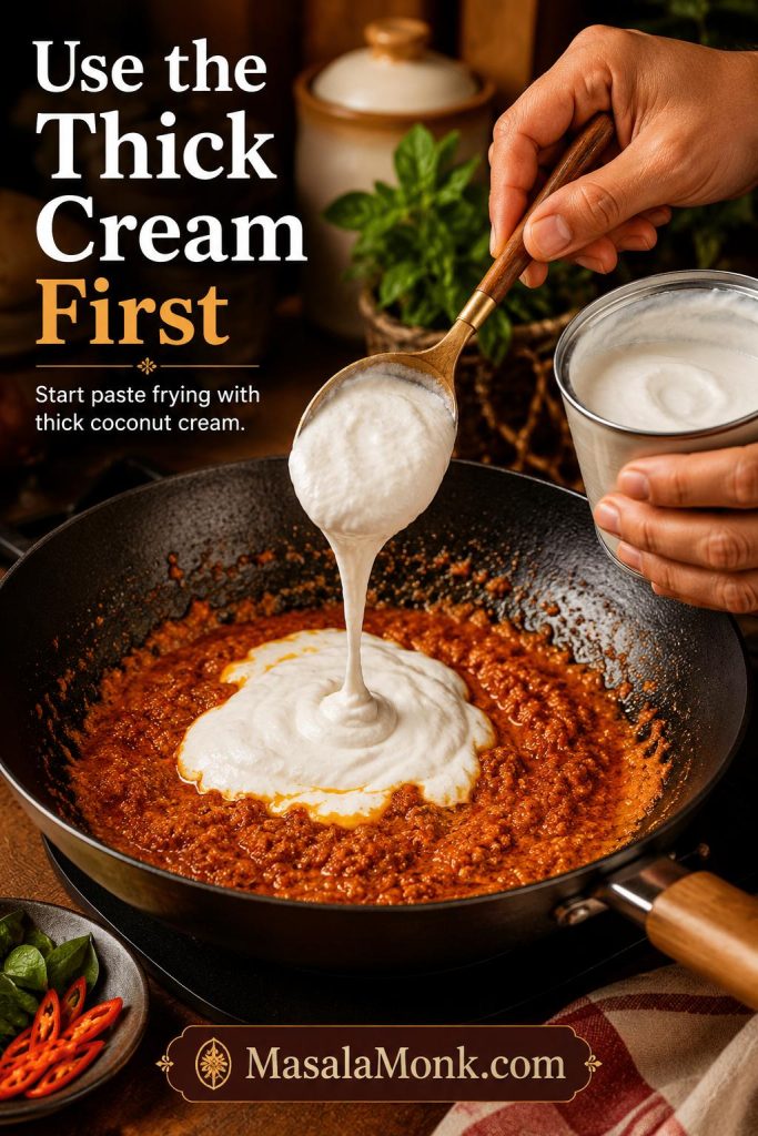 Thick coconut cream being added to fried Panang curry paste in a skillet to begin the curry sauce.