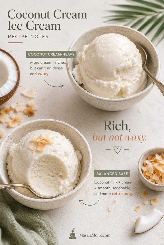 Comparison between a dense coconut cream-heavy ice cream scoop and a smoother scoop made with a balanced coconut milk and coconut cream base.
