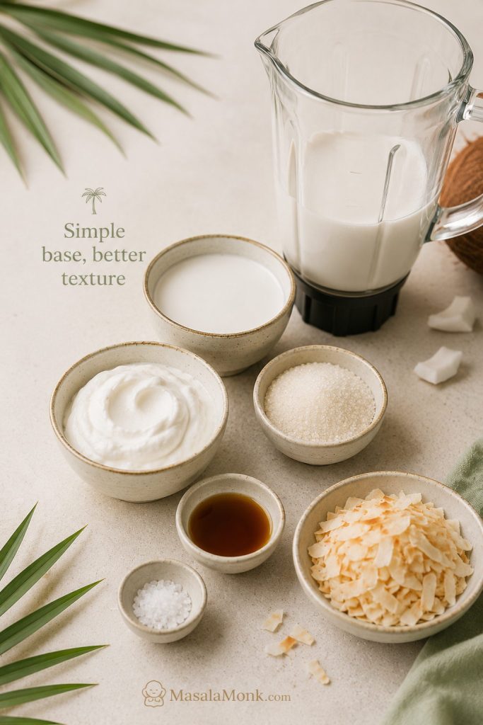 Coconut milk, coconut cream, sugar, vanilla, salt, and toasted coconut arranged around a blender jar for coconut ice cream.