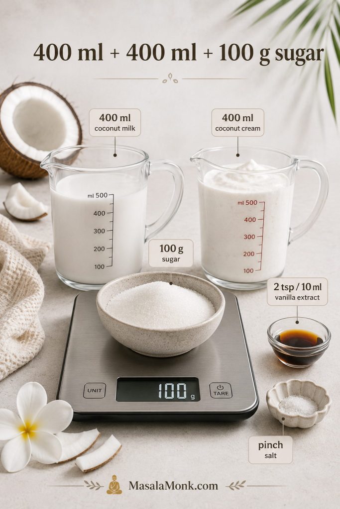 Measured coconut milk, coconut cream, sugar, vanilla extract, and salt displayed with quantity labels for coconut ice cream.