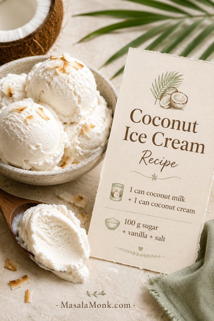 Saveable recipe card image showing coconut ice cream ingredients and a finished creamy scoop.