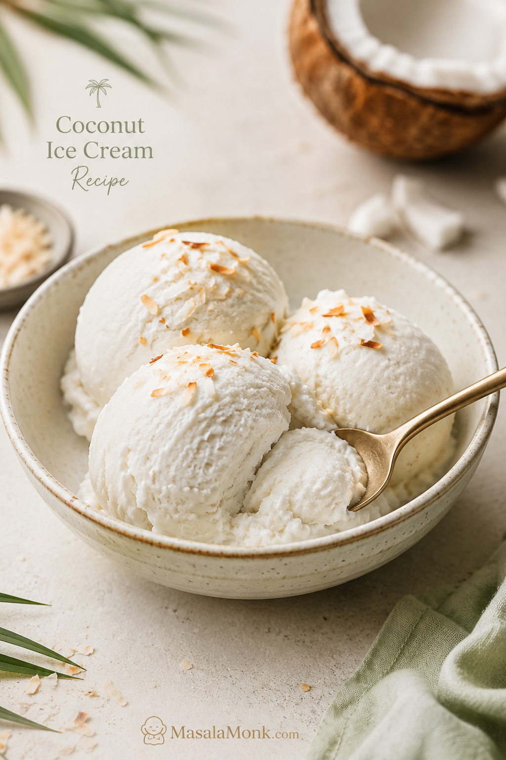 Three scoops of creamy coconut ice cream in a light ceramic bowl with toasted coconut flakes and a spoon cutting into one scoop.