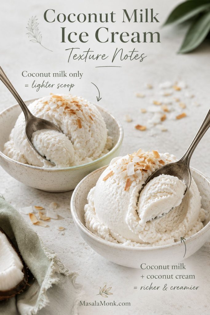 Three coconut ice cream textures shown together: icy, smooth and just right, and dense or too heavy.