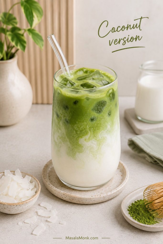 Coconut iced matcha latte with coconut flakes, matcha powder, milk, and ice