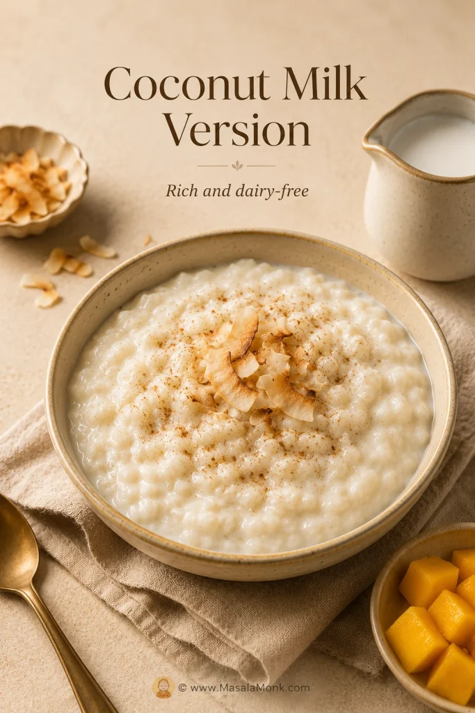 Coconut milk rice pudding made with cooked rice, topped with toasted coconut and served with mango nearby.