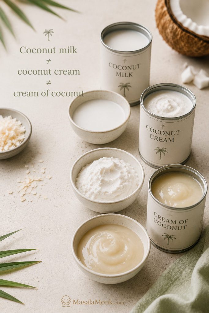Three coconut products—coconut milk, coconut cream, and cream of coconut—shown in separate bowls beside their containers.