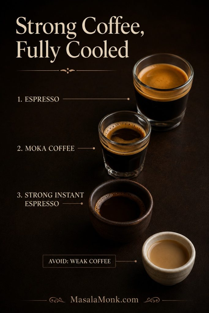 Strong coffee options for tiramisu, including espresso, moka coffee, and strong instant espresso, with a weak coffee cue to avoid.