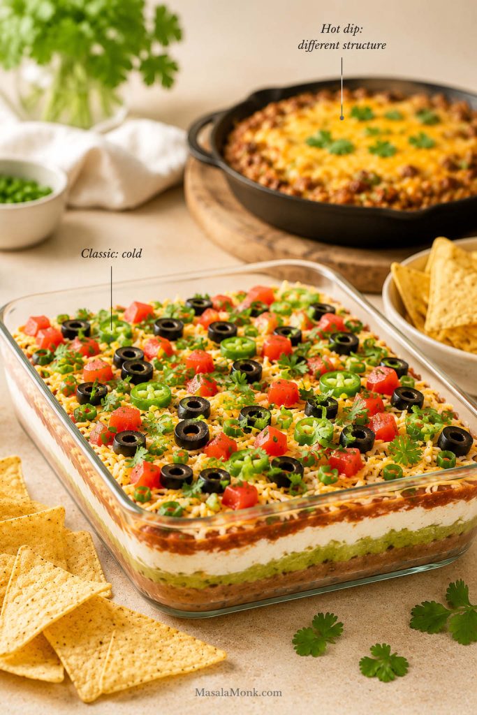 Cold 7 layer dip in a clear glass dish compared with a warm skillet taco dip in the background, with labels for classic cold and hot dip different structure.
