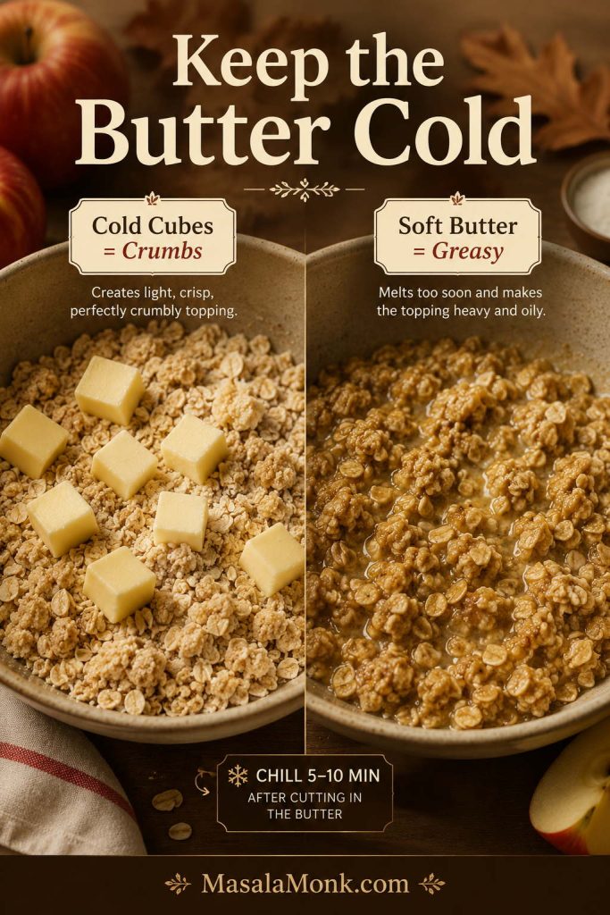 Cold butter cubes compared with softened butter for making apple crisp topping.