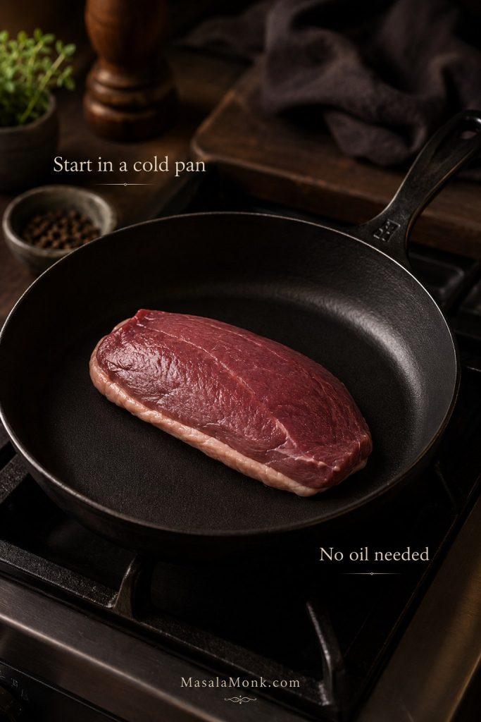 Raw duck breast placed skin-side down in a dry skillet for a cold pan start with no added oil