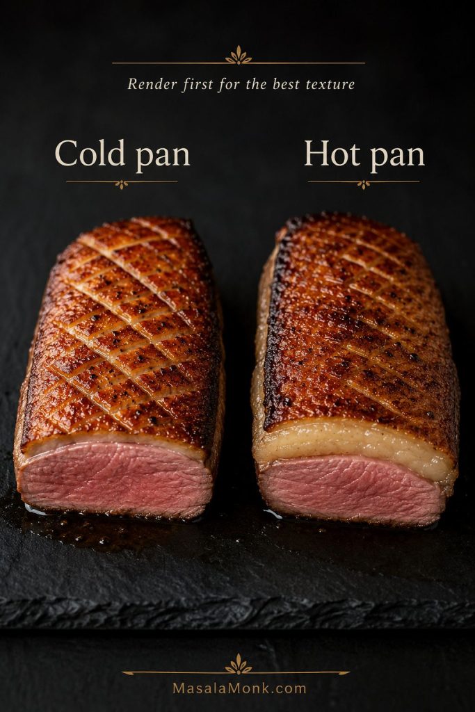 Comparison of cold pan duck breast with thin rendered fat and hot pan duck breast with thicker fat under browned skin