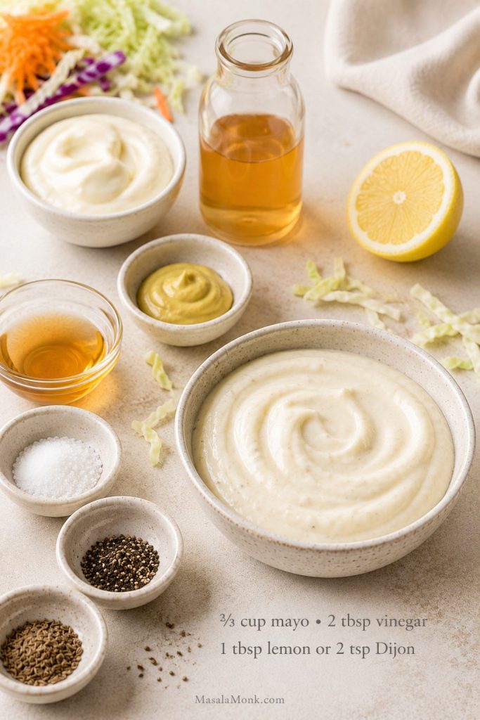 Ingredients for creamy coleslaw dressing arranged with mayonnaise, vinegar, lemon, Dijon mustard, sugar, celery seed, and pepper.