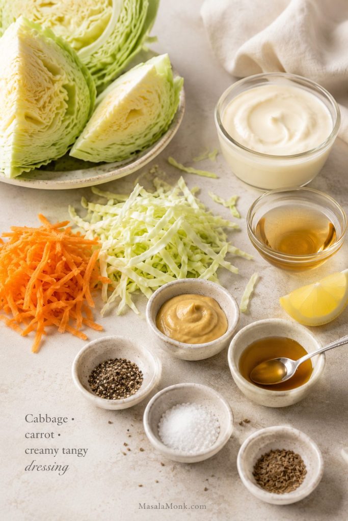 Coleslaw ingredients including cabbage, carrot, mayonnaise, vinegar, lemon, mustard, sugar, celery seed, salt, and pepper.