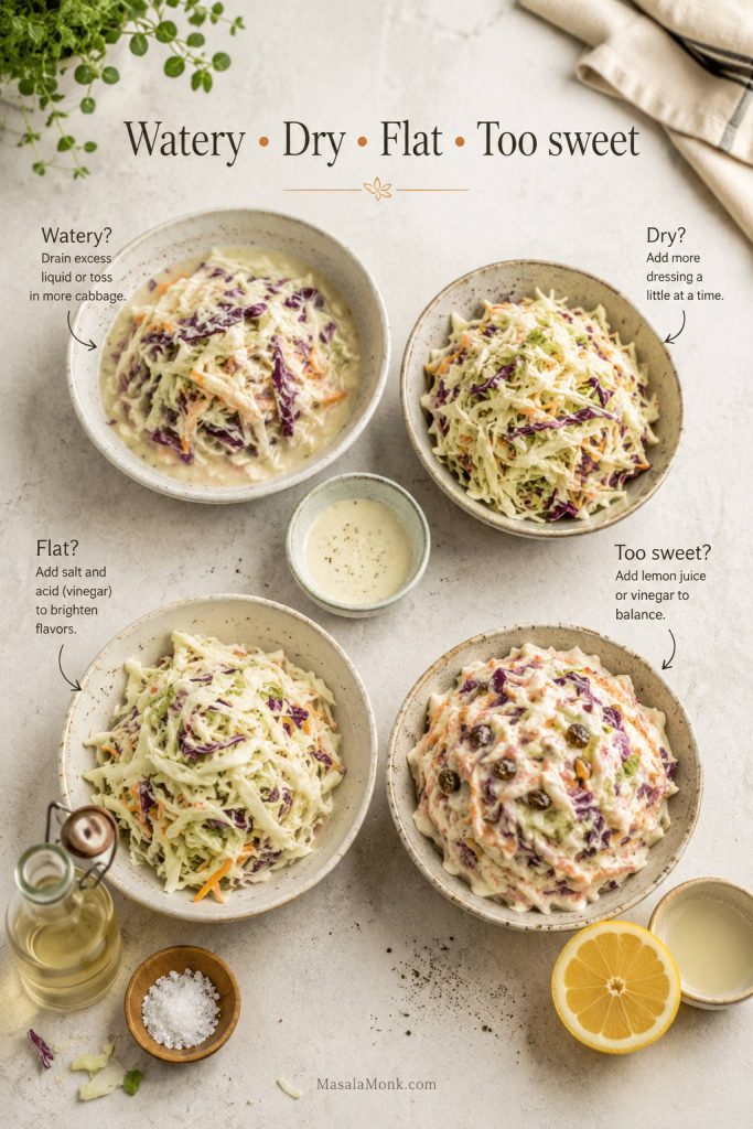 Four bowls showing watery, dry, flat, and too-sweet coleslaw with vinegar, salt, lemon, and dressing nearby.
