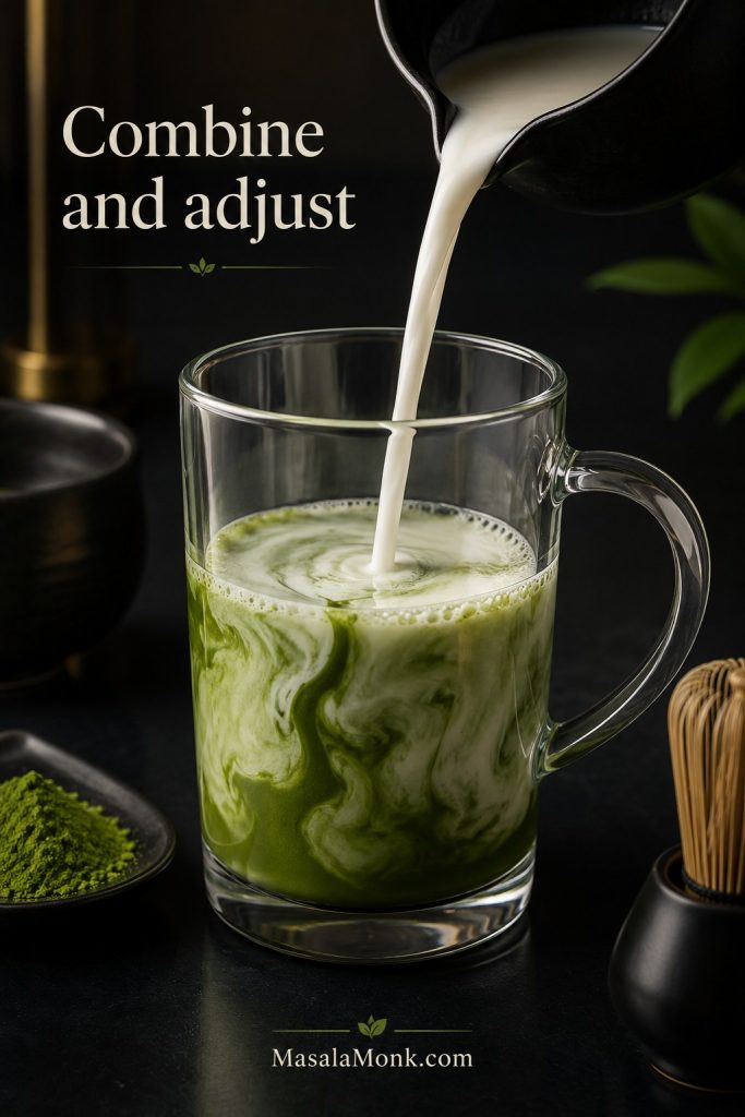 Warm milk being poured into matcha paste in a clear glass mug to create a green and white swirl.