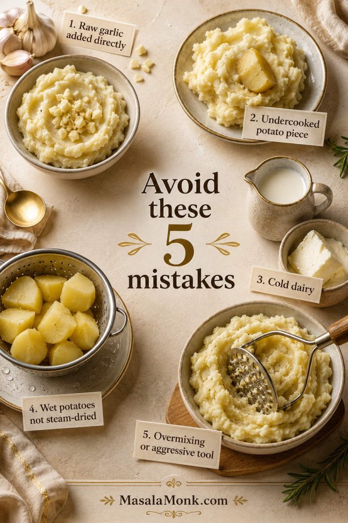 Small scenes showing raw garlic, cold dairy, wet potatoes, undercooked potatoes, and overmixing.