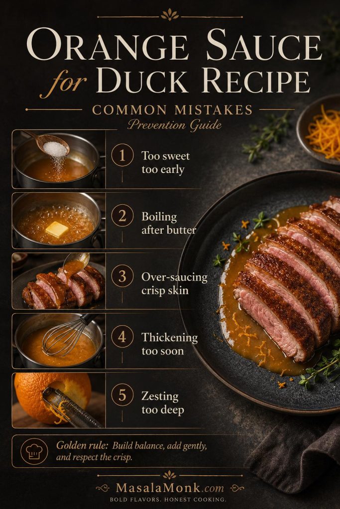 Common mistakes board for orange sauce for duck showing over-sweetening, boiling butter, over-saucing skin, thickening early, and zesting too deeply