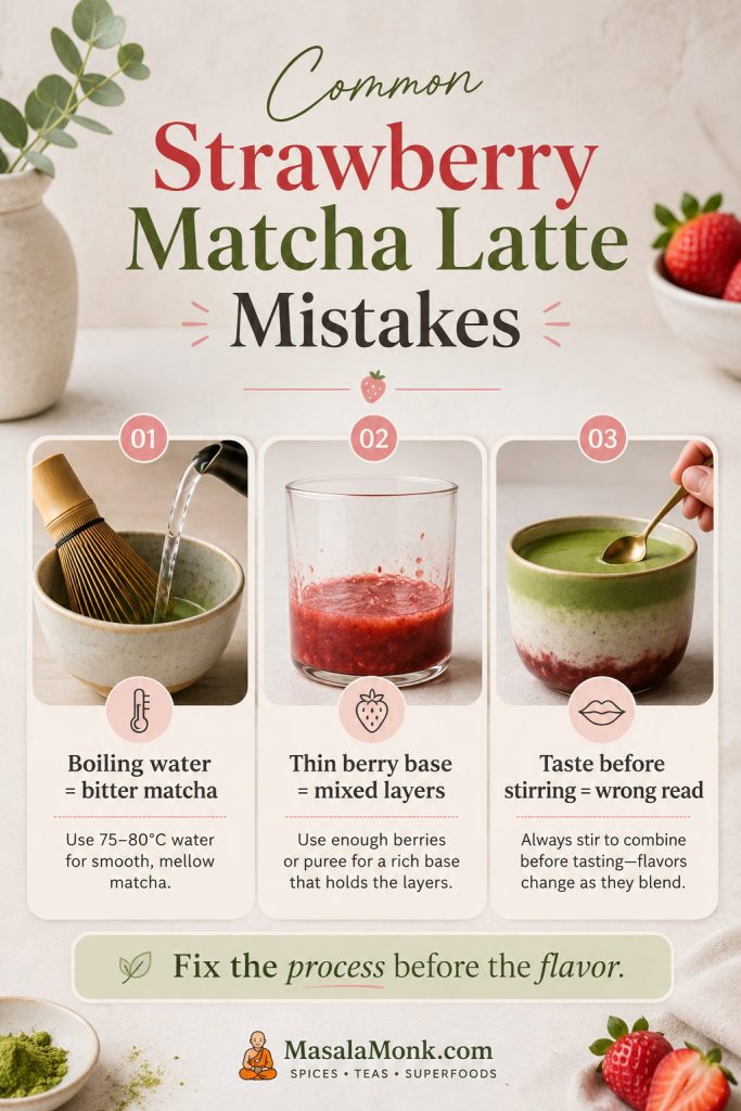 Common strawberry matcha latte mistakes showing boiling water, thin berry base, and tasting before stirring.
