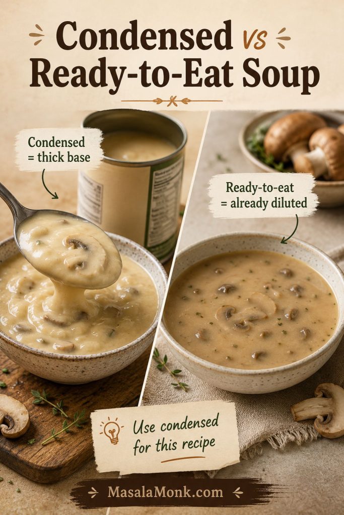 Comparison of thick condensed cream of mushroom soup and thinner ready-to-eat mushroom soup.